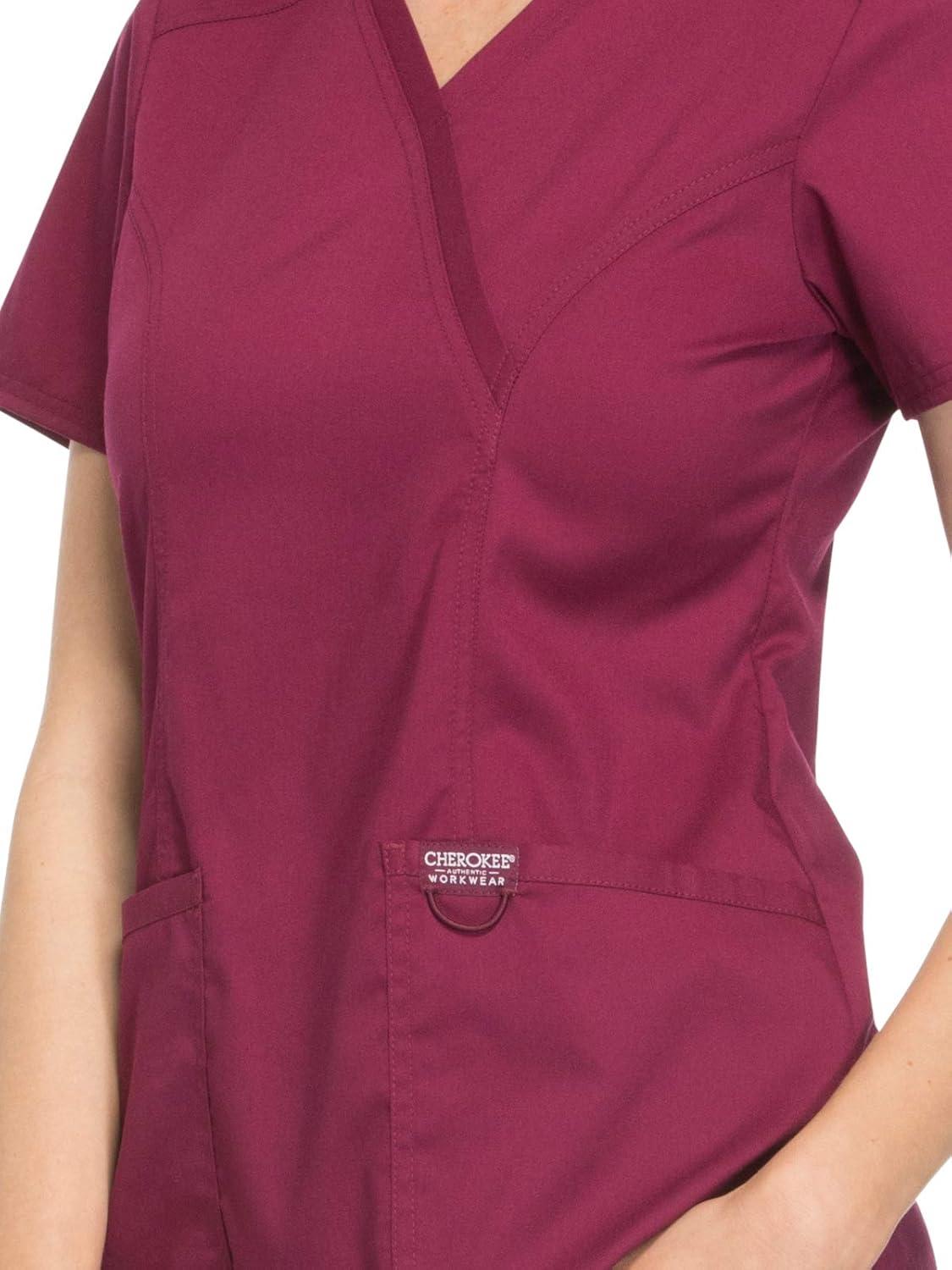 imageCherokee Scrubs Top for Women Mock Wrap with 3 Pockets Soft 2Way Stretch amp Durable Fabric WW610Wine