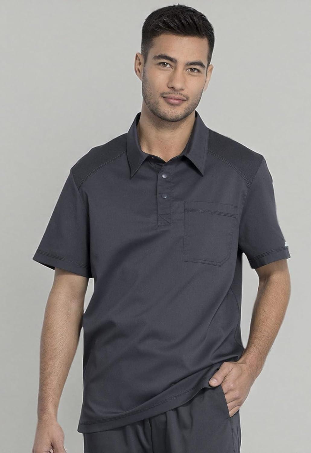imageCherokee Scrubs for Men Polo Nursing Scrub Top with Chest Pocket Breathable Mesh Ultra Soft 2Way Stretch Fabric WW615Pewter