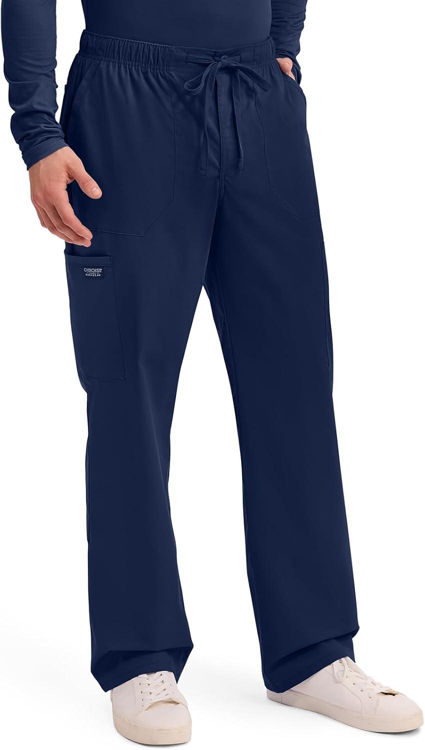 imageCherokee Scrubs for Men Tapered Leg Cargo Scrub Pants with Zip Fly 5 Pockets Elastic Waist 2Way Stretch amp Easy Care WW190Navy