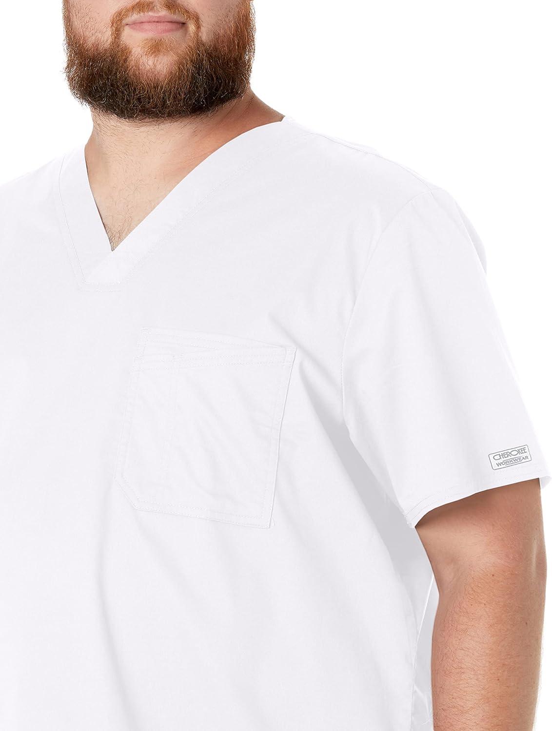 imageCherokee Scrubs for Men Tuckable VNeck Nursing Scrub Top with Chest Pocket Side Vents amp 2Way Stretch Fabric 4743White