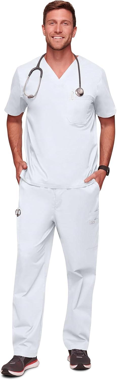 imageCherokee Scrubs for Men Tuckable VNeck Nursing Scrub Top with Chest Pocket Side Vents amp 2Way Stretch Fabric 4743White