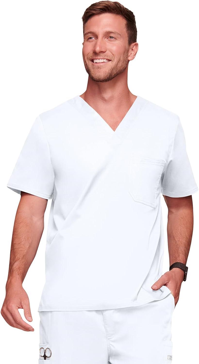 imageCherokee Scrubs for Men Tuckable VNeck Nursing Scrub Top with Chest Pocket Side Vents amp 2Way Stretch Fabric 4743White