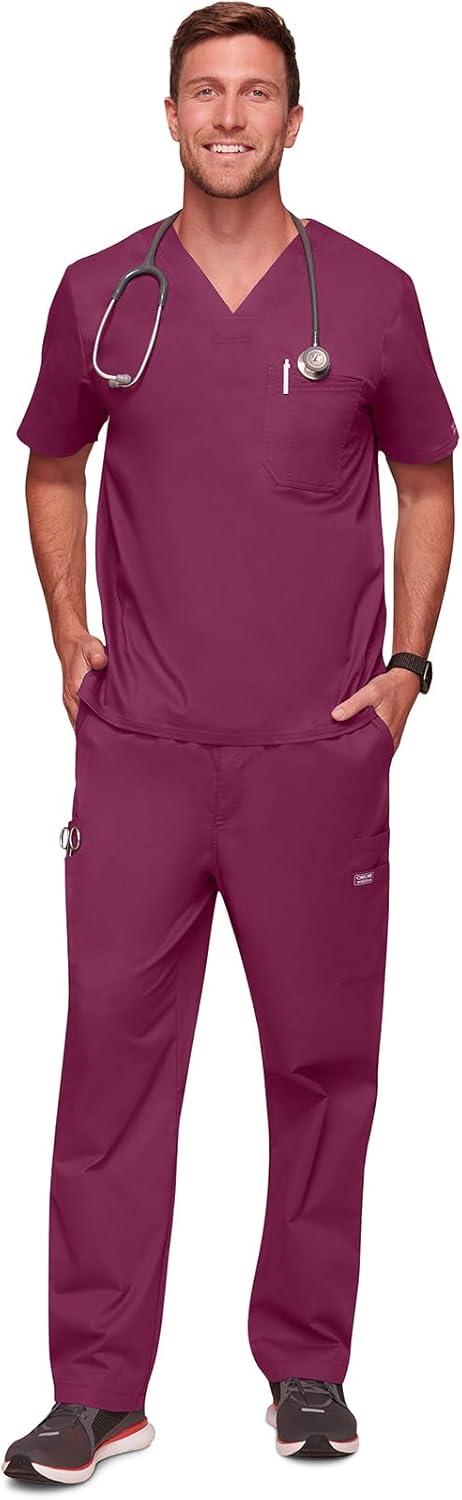 imageCherokee Scrubs for Men Tuckable VNeck Nursing Scrub Top with Chest Pocket Side Vents amp 2Way Stretch Fabric 4743Wine