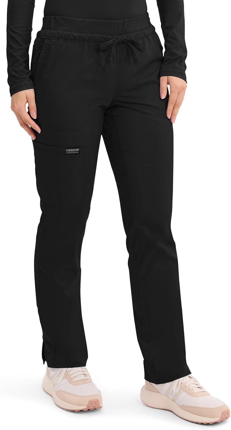 imageCherokee Scrubs for Women Mid Rise Tapered Leg Drawstring Pant with 5 Pockets Cargo Bottom with 2 Way Stretch Fabric WW105Black