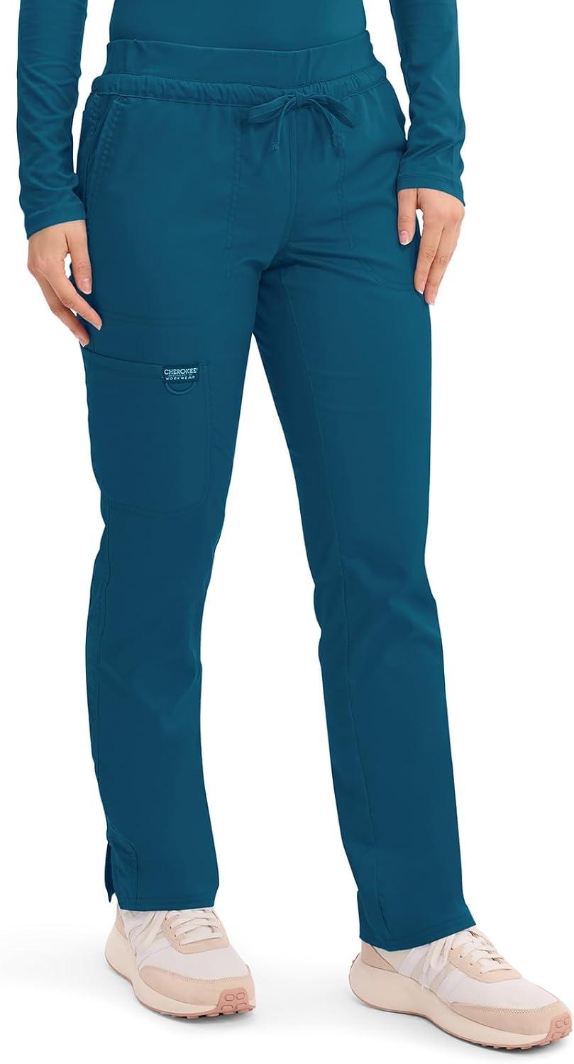 imageCherokee Scrubs for Women Mid Rise Tapered Leg Drawstring Pant with 5 Pockets Cargo Bottom with 2 Way Stretch Fabric WW105Caribbean Blue