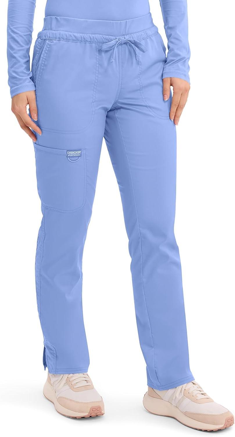 imageCherokee Scrubs for Women Mid Rise Tapered Leg Drawstring Pant with 5 Pockets Cargo Bottom with 2 Way Stretch Fabric WW105Ciel Blue