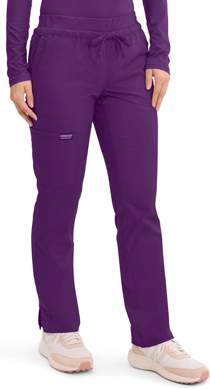 imageCherokee Scrubs for Women Mid Rise Tapered Leg Drawstring Pant with 5 Pockets Cargo Bottom with 2 Way Stretch Fabric WW105Eggplant