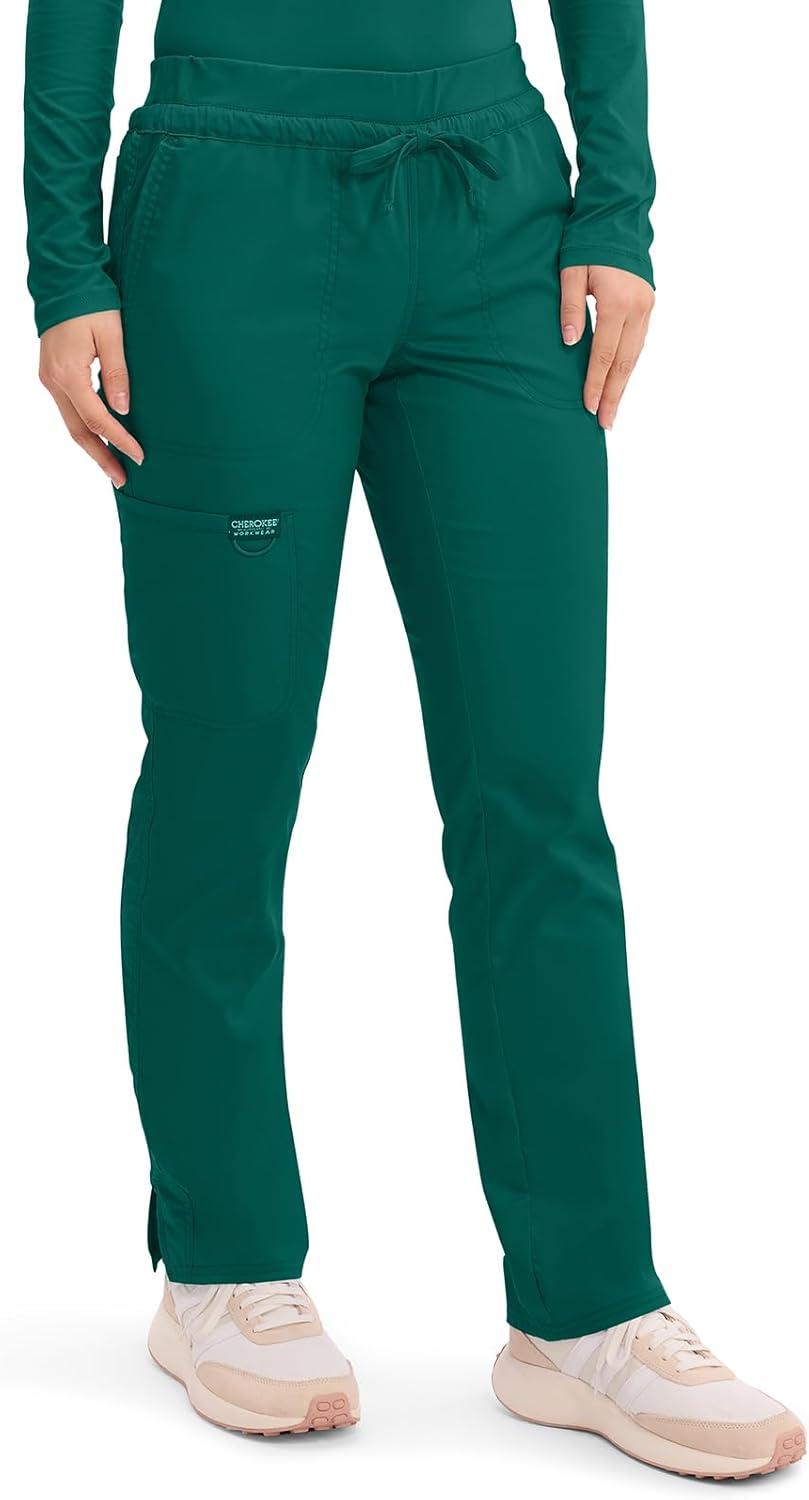 imageCherokee Scrubs for Women Mid Rise Tapered Leg Drawstring Pant with 5 Pockets Cargo Bottom with 2 Way Stretch Fabric WW105Hunter Green