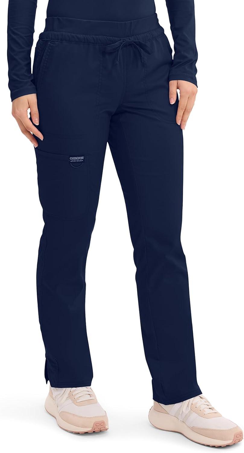 imageCherokee Scrubs for Women Mid Rise Tapered Leg Drawstring Pant with 5 Pockets Cargo Bottom with 2 Way Stretch Fabric WW105Navy