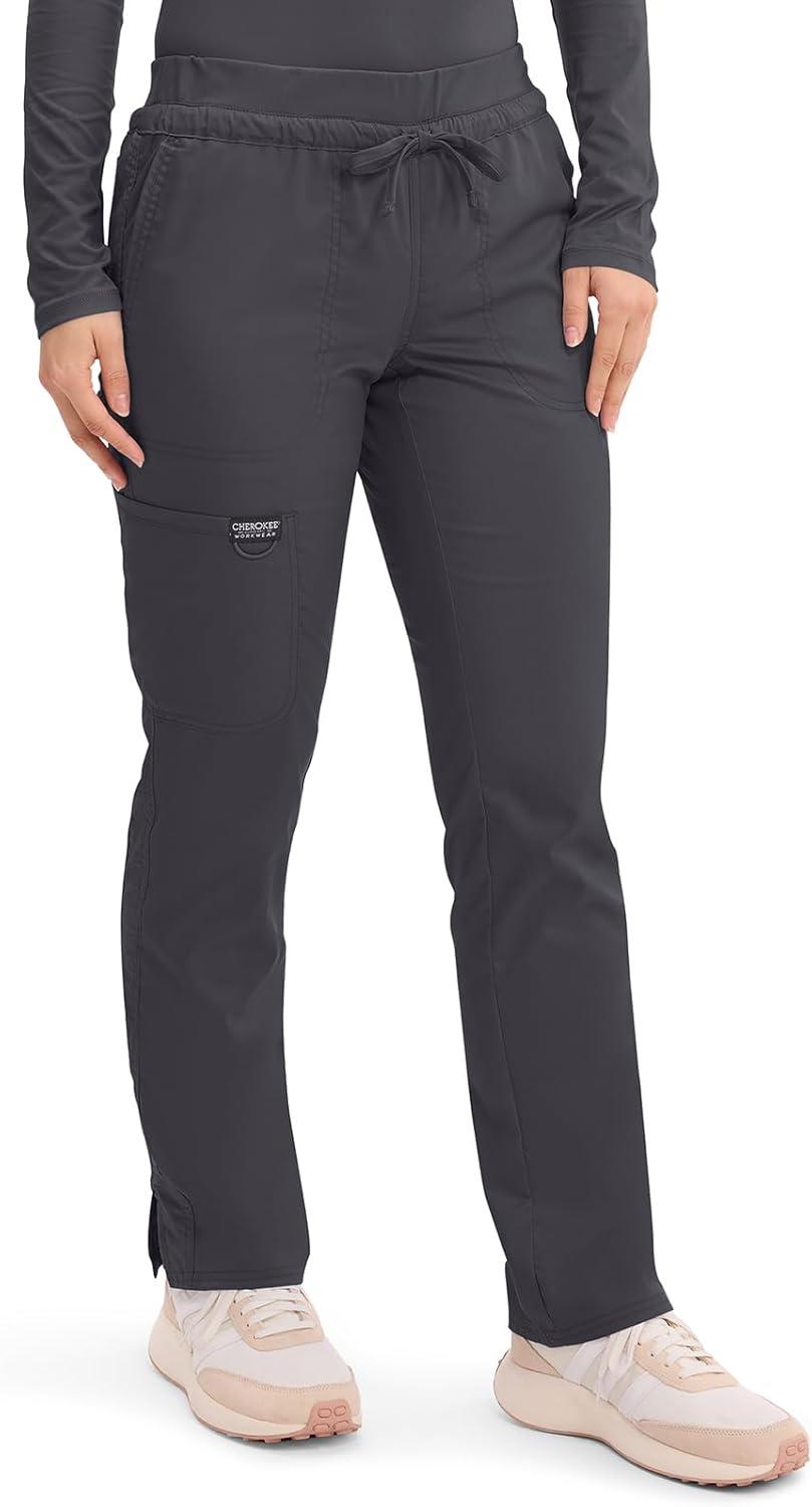 imageCherokee Scrubs for Women Mid Rise Tapered Leg Drawstring Pant with 5 Pockets Cargo Bottom with 2 Way Stretch Fabric WW105Pewter