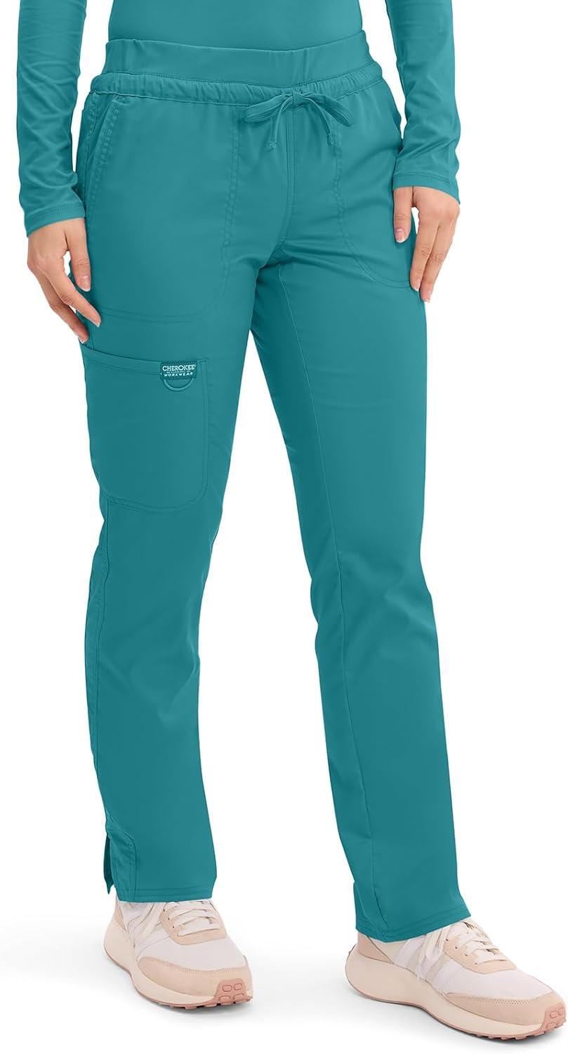 imageCherokee Scrubs for Women Mid Rise Tapered Leg Drawstring Pant with 5 Pockets Cargo Bottom with 2 Way Stretch Fabric WW105Teal Blue