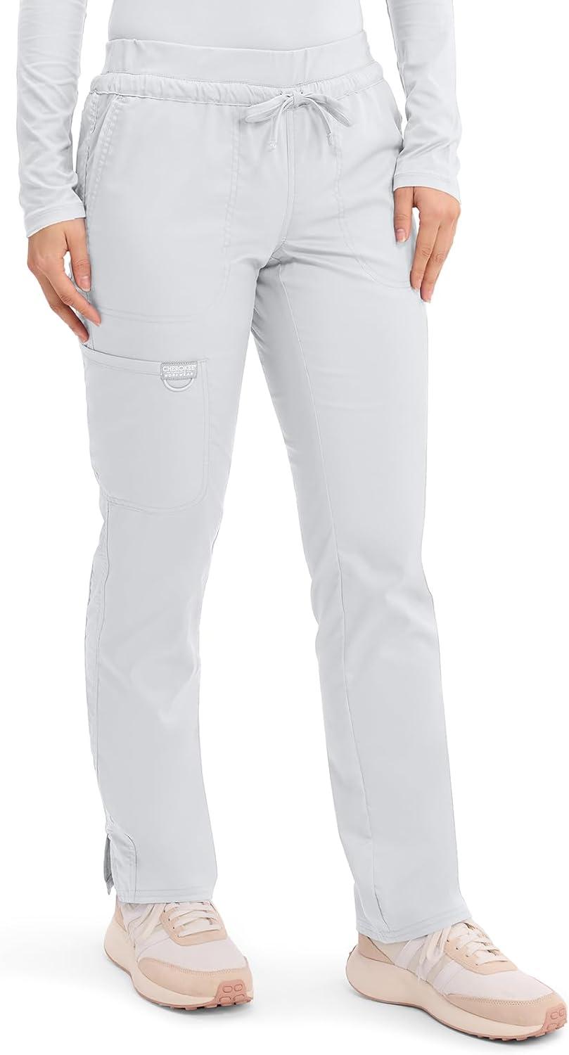 imageCherokee Scrubs for Women Mid Rise Tapered Leg Drawstring Pant with 5 Pockets Cargo Bottom with 2 Way Stretch Fabric WW105White