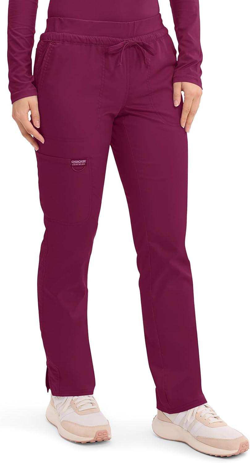imageCherokee Scrubs for Women Mid Rise Tapered Leg Drawstring Pant with 5 Pockets Cargo Bottom with 2 Way Stretch Fabric WW105Wine