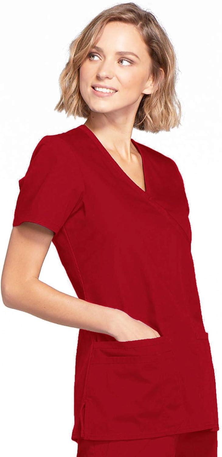imageCherokee Scrubs for Women Mock Wrap Nursing Scrub Top with 3 Pockets Side Vent amp Stretch Back Panels Medical Uniform WW650Red