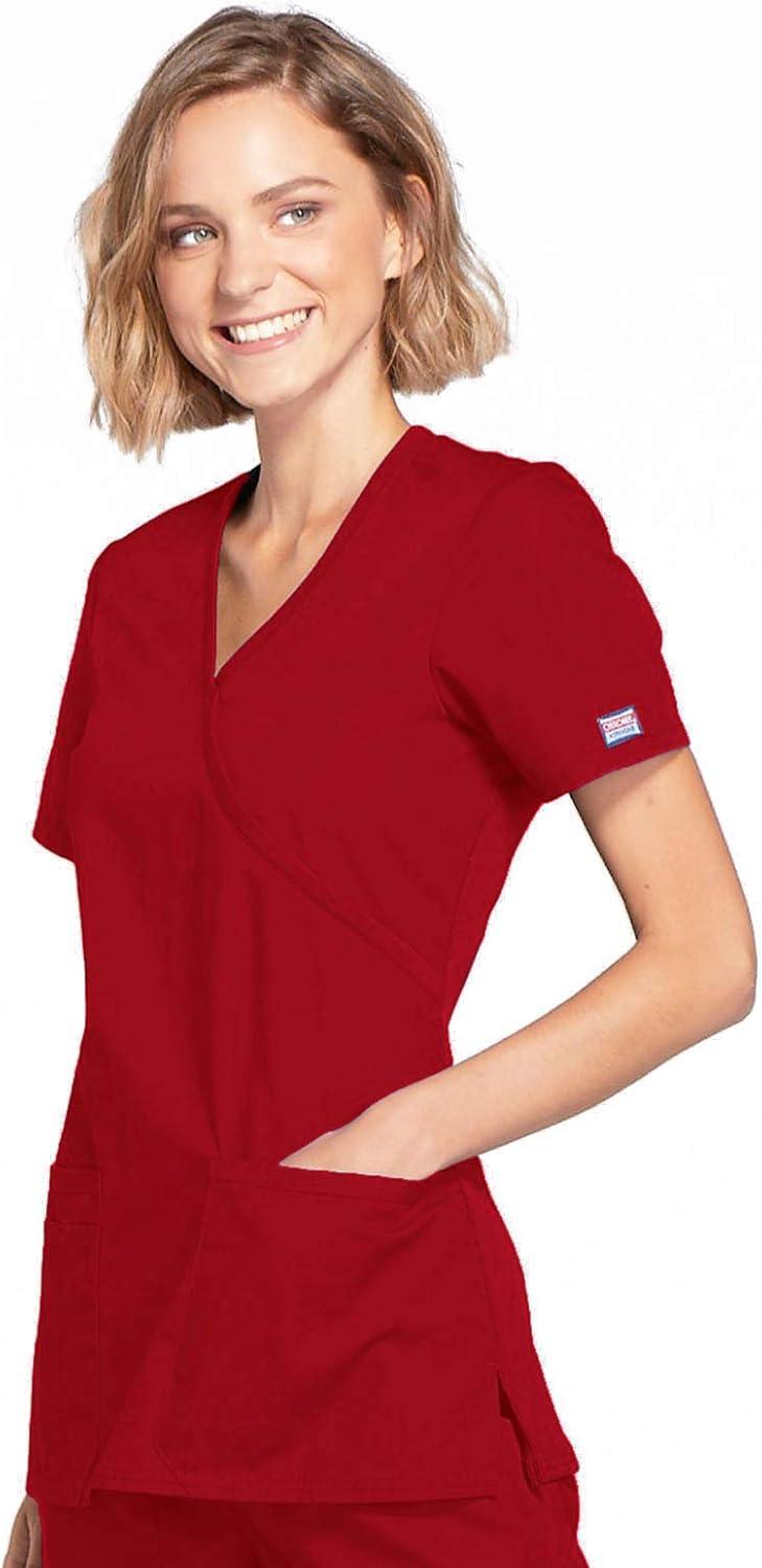 imageCherokee Scrubs for Women Mock Wrap Nursing Scrub Top with 3 Pockets Side Vent amp Stretch Back Panels Medical Uniform WW650Red