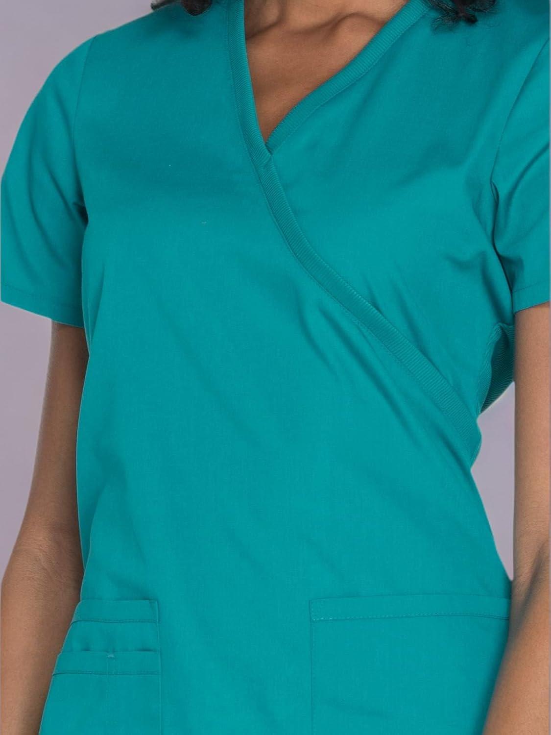 imageCherokee Scrubs for Women Mock Wrap Nursing Scrub Top with 3 Pockets Side Vent amp Stretch Back Panels Medical Uniform WW650Teal Blue