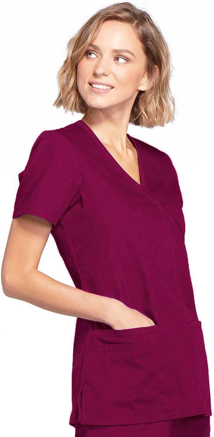 imageCherokee Scrubs for Women Mock Wrap Nursing Scrub Top with 3 Pockets Side Vent amp Stretch Back Panels Medical Uniform WW650Wine