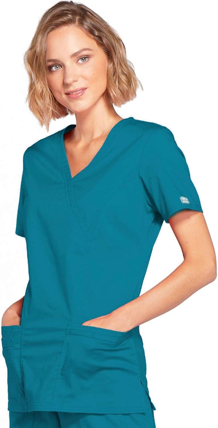 imageCherokee Scrubs for Women Mock Wrap Nursing Scrub Top with 3 Pockets Side Vents Ultra Soft 2Way Stretch Fabric 4728Caribbean Blue