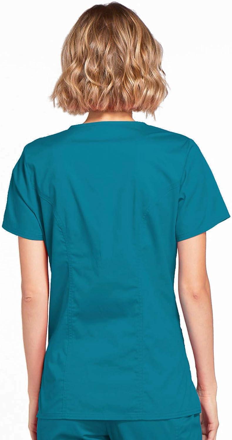 imageCherokee Scrubs for Women Mock Wrap Nursing Scrub Top with 3 Pockets Side Vents Ultra Soft 2Way Stretch Fabric 4728Caribbean Blue