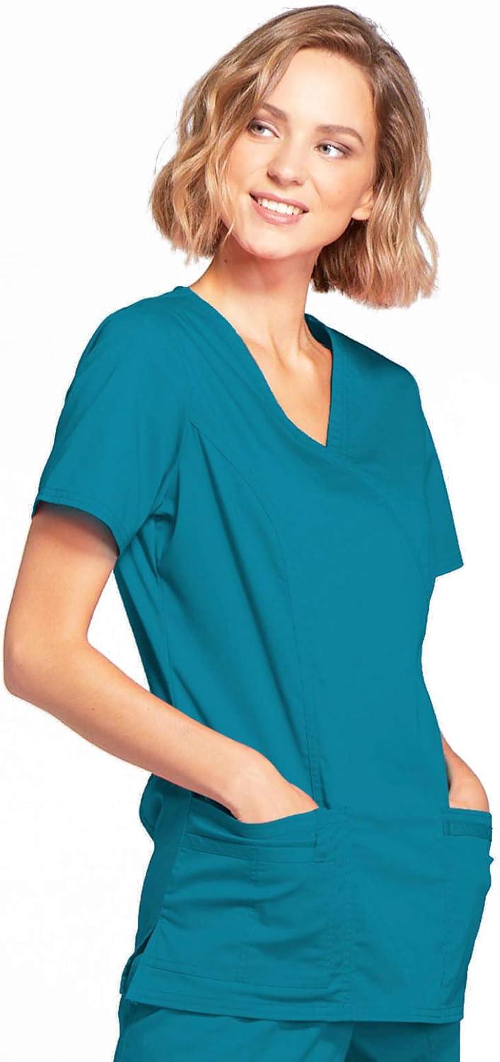 imageCherokee Scrubs for Women Mock Wrap Nursing Scrub Top with 3 Pockets Side Vents Ultra Soft 2Way Stretch Fabric 4728Caribbean Blue
