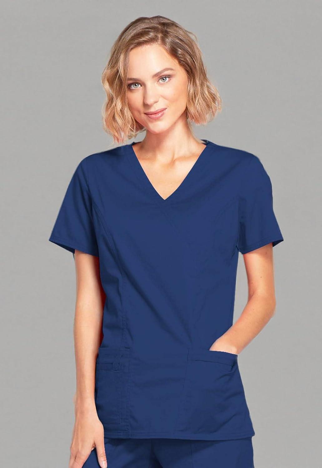 imageCherokee Scrubs for Women Mock Wrap Nursing Scrub Top with 3 Pockets Side Vents Ultra Soft 2Way Stretch Fabric 4728Navy