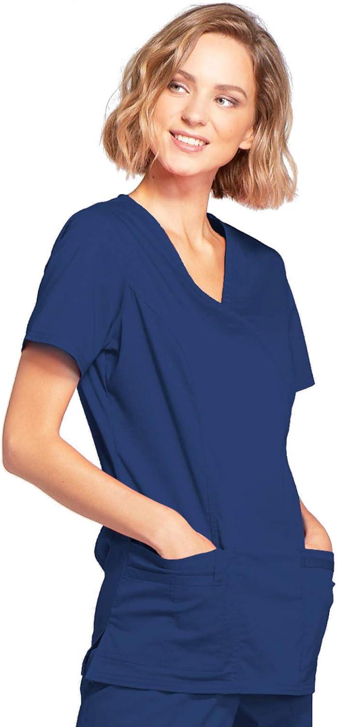imageCherokee Scrubs for Women Mock Wrap Nursing Scrub Top with 3 Pockets Side Vents Ultra Soft 2Way Stretch Fabric 4728Navy