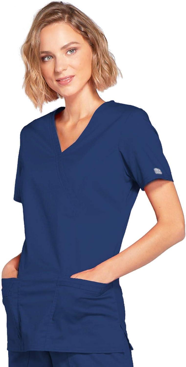 imageCherokee Scrubs for Women Mock Wrap Nursing Scrub Top with 3 Pockets Side Vents Ultra Soft 2Way Stretch Fabric 4728Navy