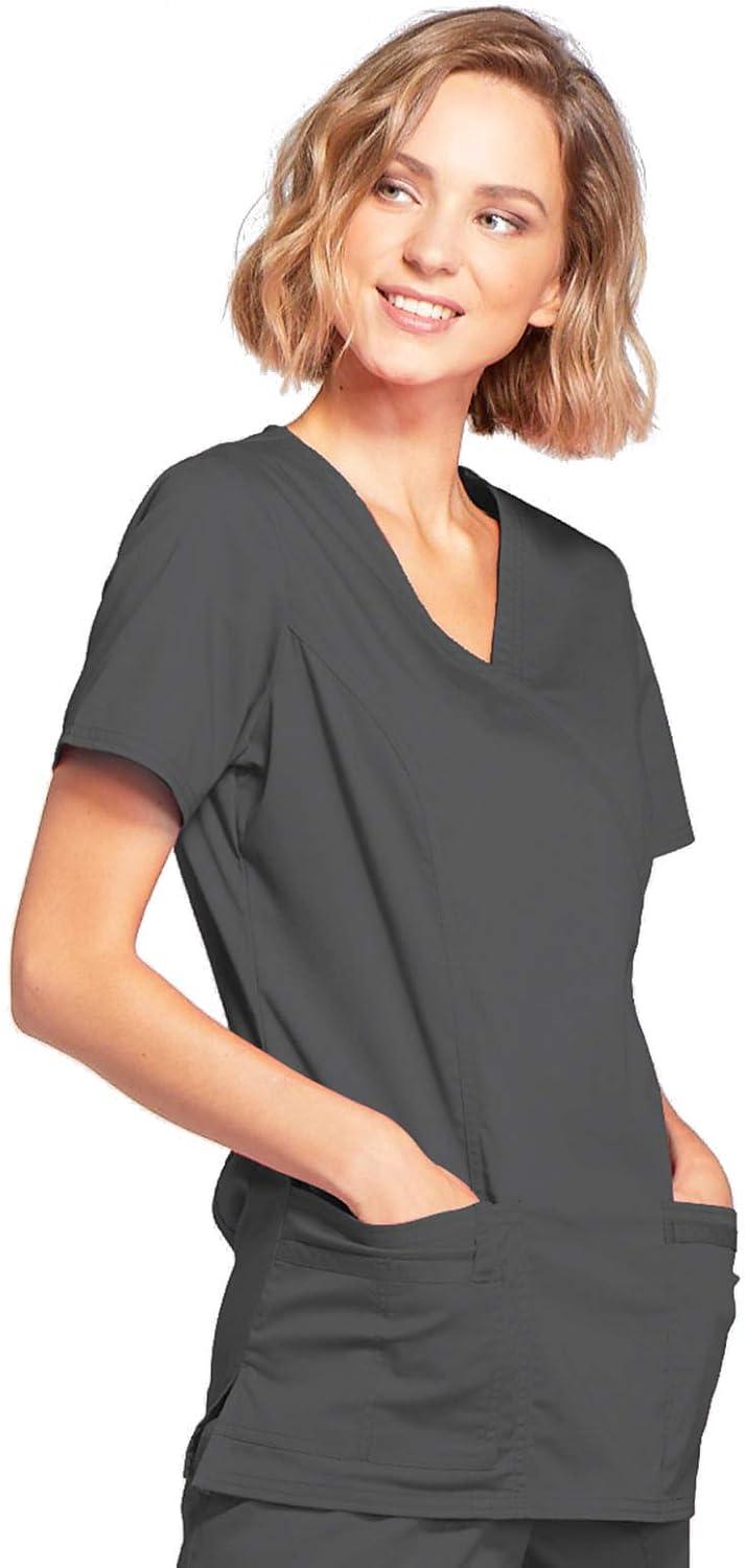 imageCherokee Scrubs for Women Mock Wrap Nursing Scrub Top with 3 Pockets Side Vents Ultra Soft 2Way Stretch Fabric 4728Pewter