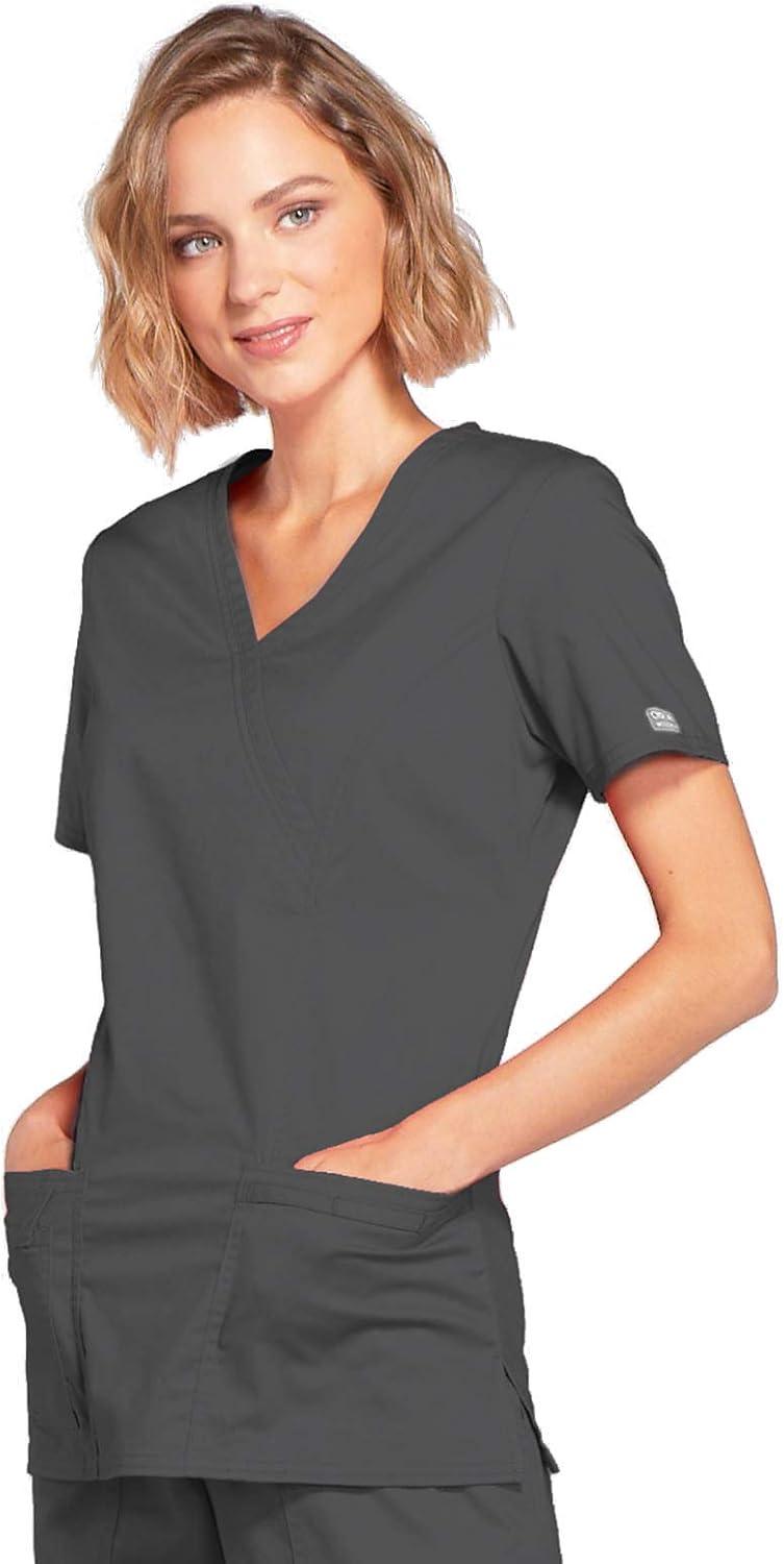imageCherokee Scrubs for Women Mock Wrap Nursing Scrub Top with 3 Pockets Side Vents Ultra Soft 2Way Stretch Fabric 4728Pewter