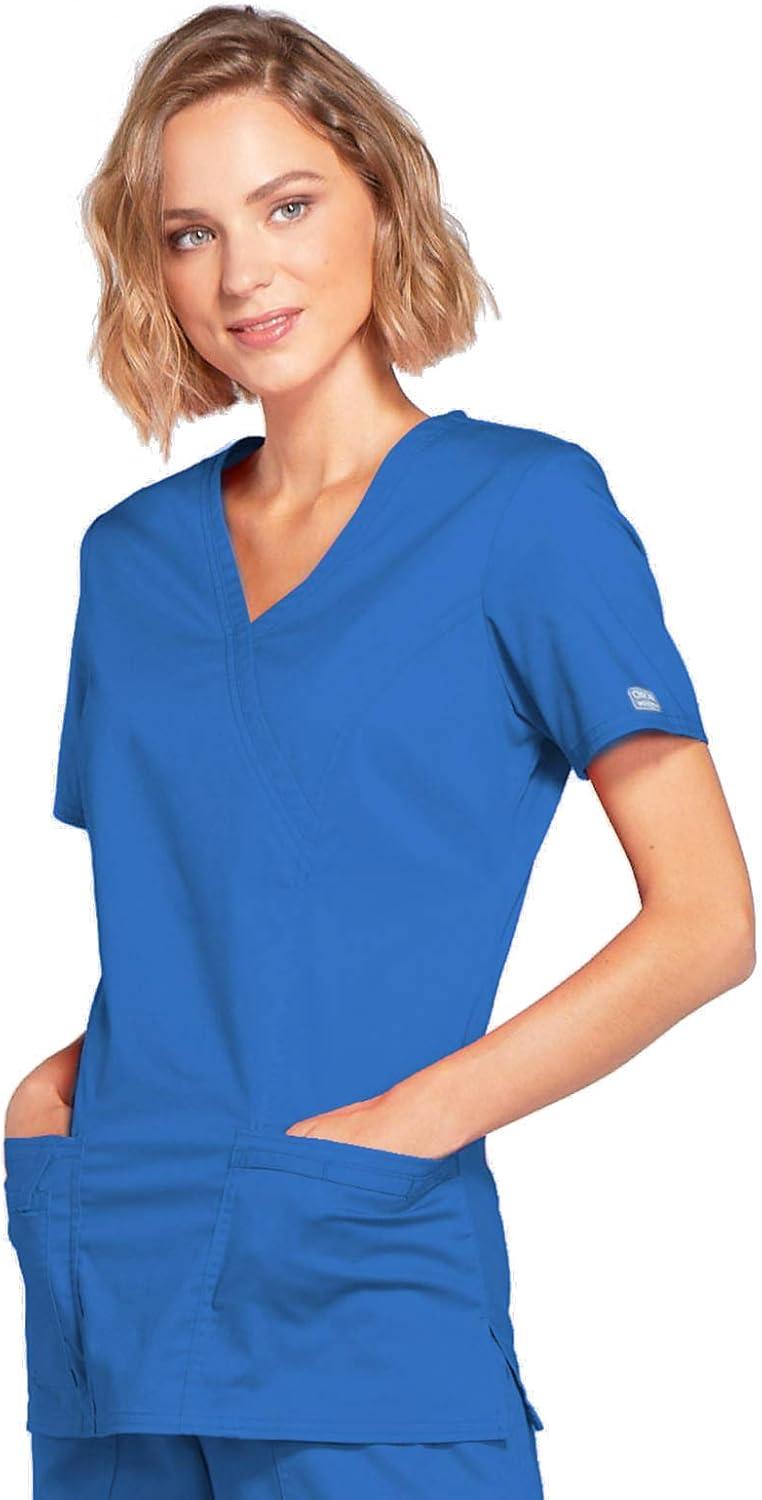 imageCherokee Scrubs for Women Mock Wrap Nursing Scrub Top with 3 Pockets Side Vents Ultra Soft 2Way Stretch Fabric 4728Royal