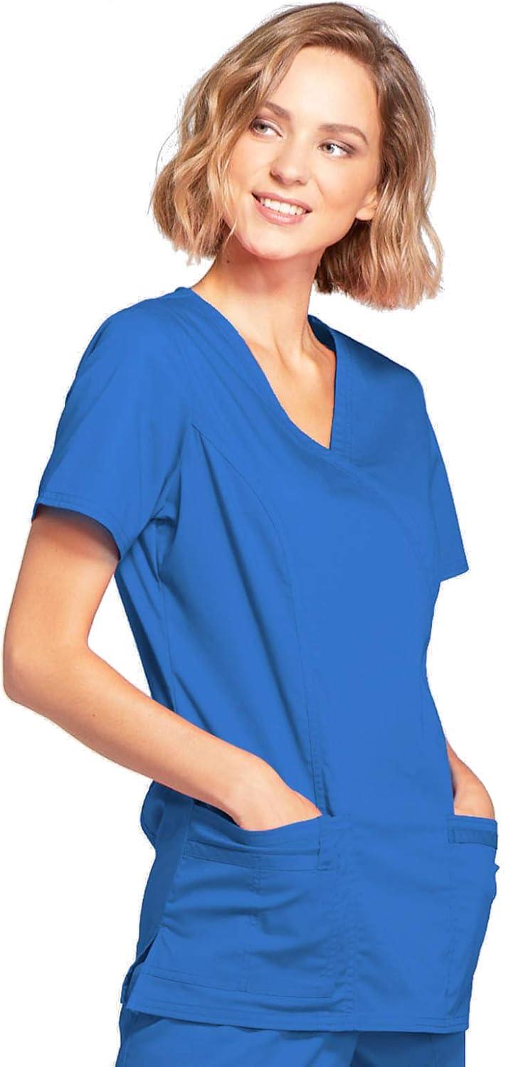 imageCherokee Scrubs for Women Mock Wrap Nursing Scrub Top with 3 Pockets Side Vents Ultra Soft 2Way Stretch Fabric 4728Royal