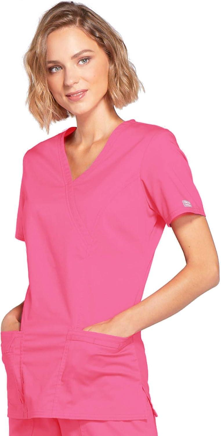 imageCherokee Scrubs for Women Mock Wrap Nursing Scrub Top with 3 Pockets Side Vents Ultra Soft 2Way Stretch Fabric 4728Shocking Pink