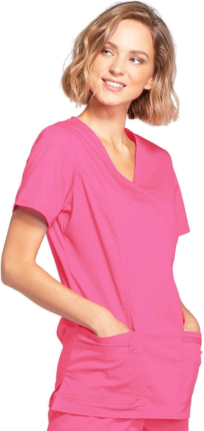 imageCherokee Scrubs for Women Mock Wrap Nursing Scrub Top with 3 Pockets Side Vents Ultra Soft 2Way Stretch Fabric 4728Shocking Pink