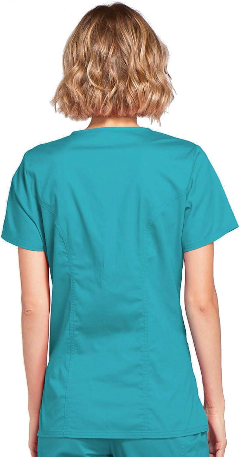 imageCherokee Scrubs for Women Mock Wrap Nursing Scrub Top with 3 Pockets Side Vents Ultra Soft 2Way Stretch Fabric 4728Teal Blue