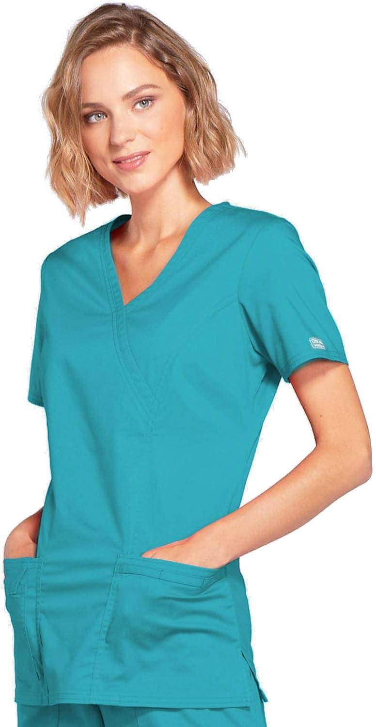 imageCherokee Scrubs for Women Mock Wrap Nursing Scrub Top with 3 Pockets Side Vents Ultra Soft 2Way Stretch Fabric 4728Teal Blue