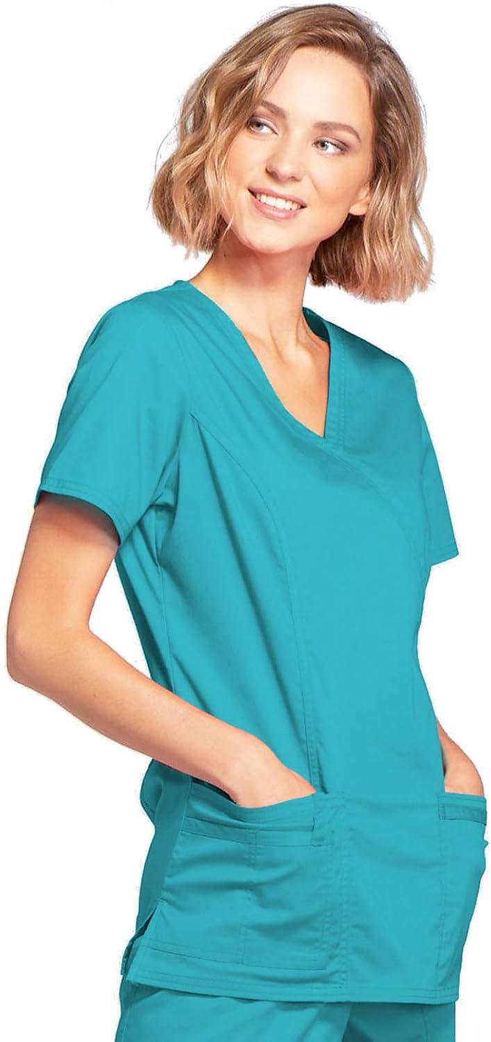 imageCherokee Scrubs for Women Mock Wrap Nursing Scrub Top with 3 Pockets Side Vents Ultra Soft 2Way Stretch Fabric 4728Teal Blue