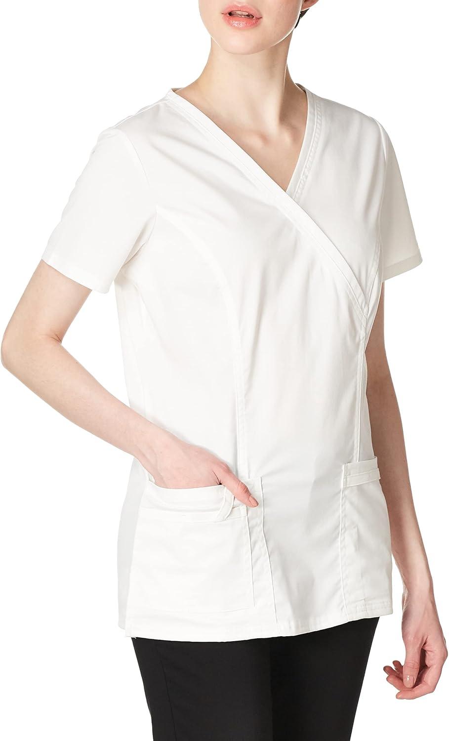 imageCherokee Scrubs for Women Mock Wrap Nursing Scrub Top with 3 Pockets Side Vents Ultra Soft 2Way Stretch Fabric 4728White
