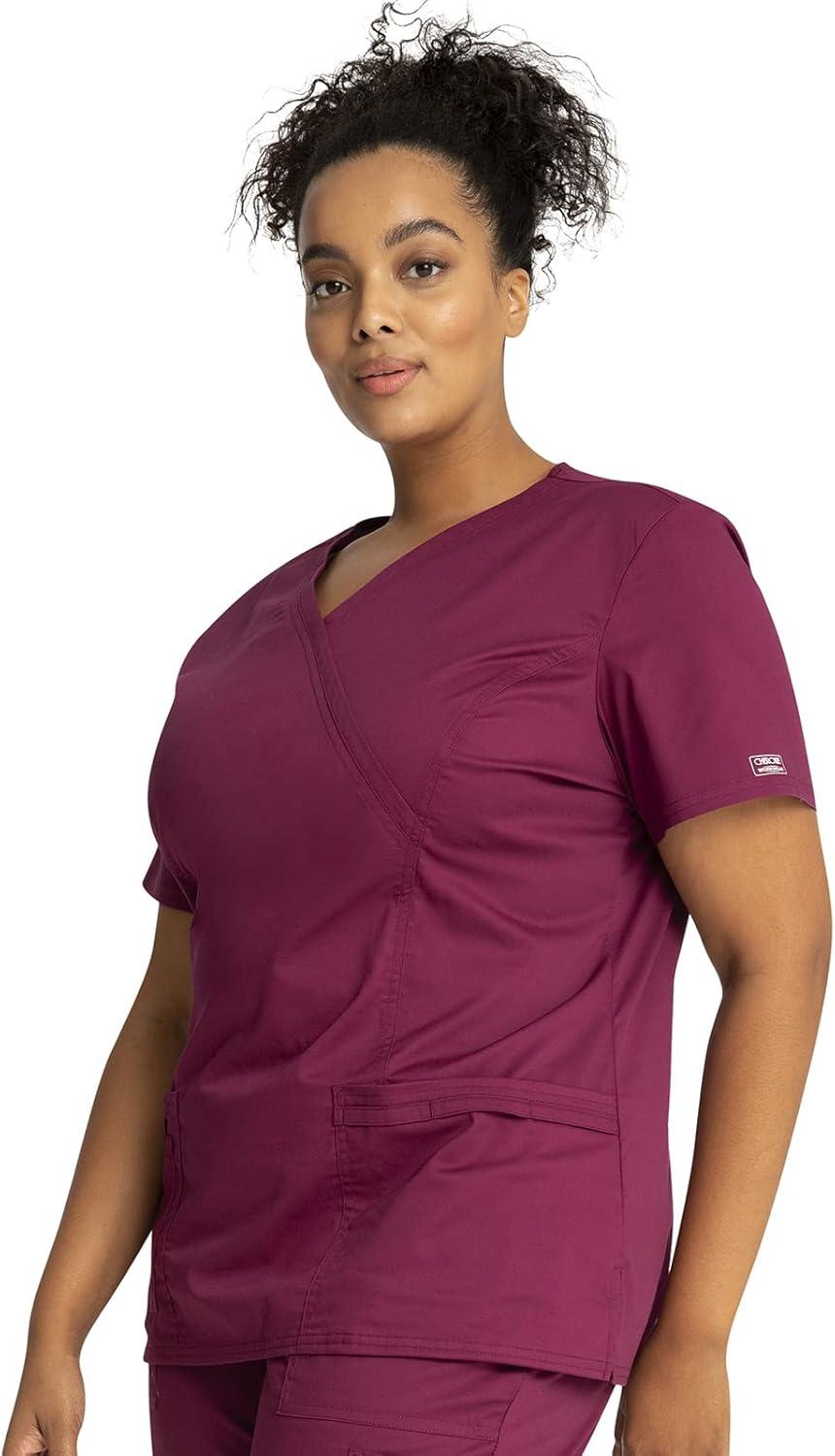 imageCherokee Scrubs for Women Mock Wrap Nursing Scrub Top with 3 Pockets Side Vents Ultra Soft 2Way Stretch Fabric 4728Wine