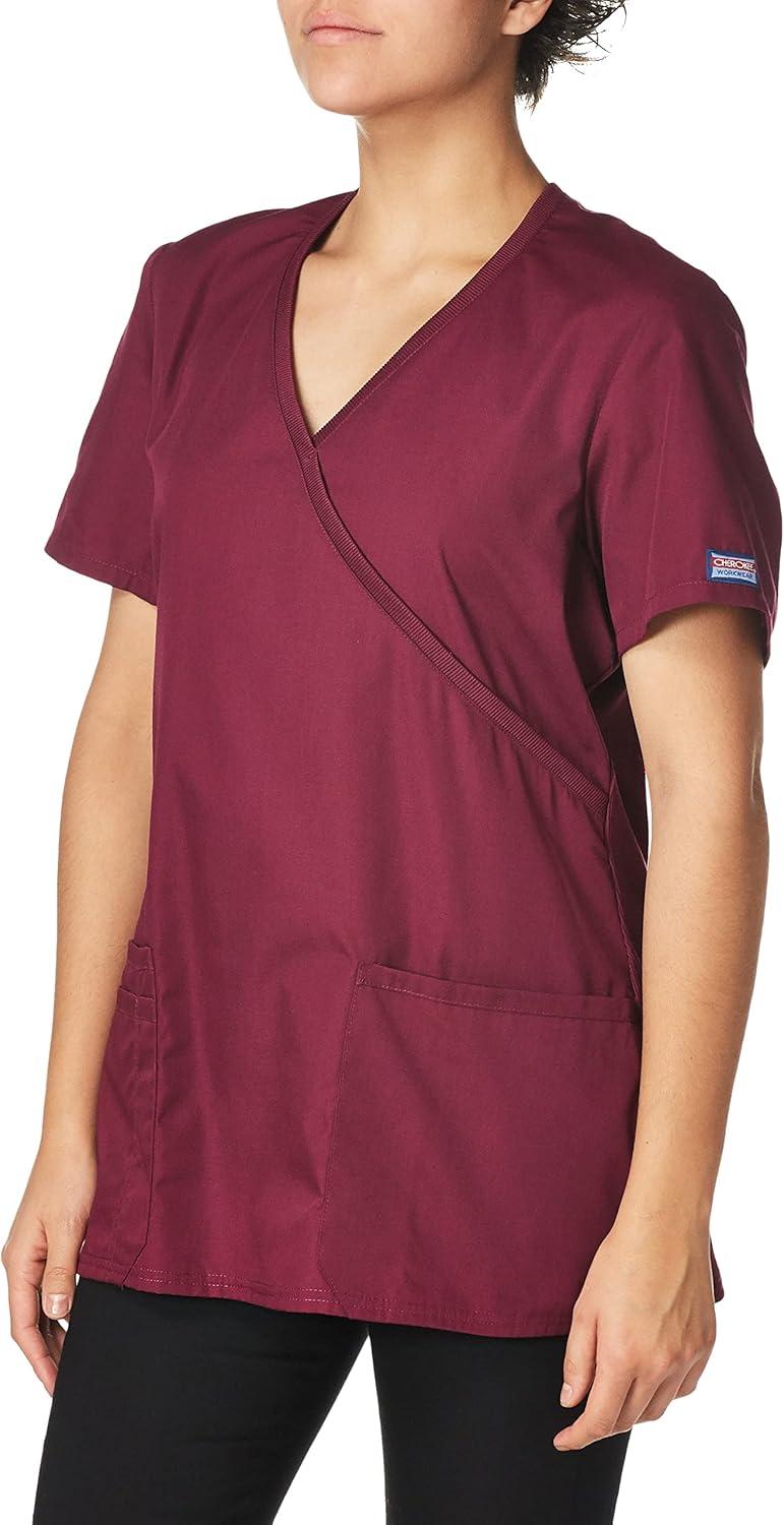 imageCherokee Scrubs for Women Mock Wrap Nursing Scrub Top with 3 Pockets Side Vents Ultra Soft 2Way Stretch Fabric 4728Wine