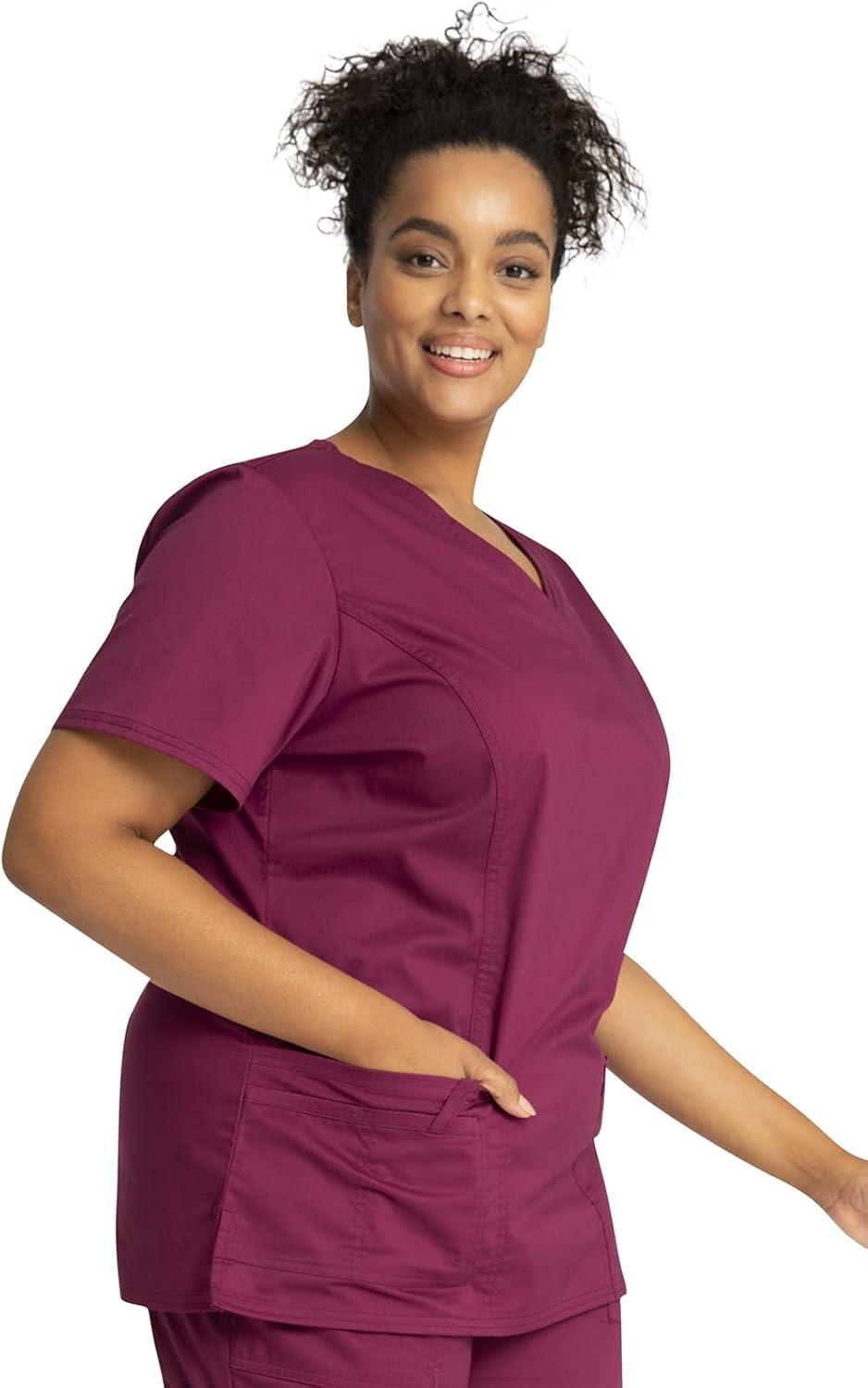 imageCherokee Scrubs for Women Mock Wrap Nursing Scrub Top with 3 Pockets Side Vents Ultra Soft 2Way Stretch Fabric 4728Wine