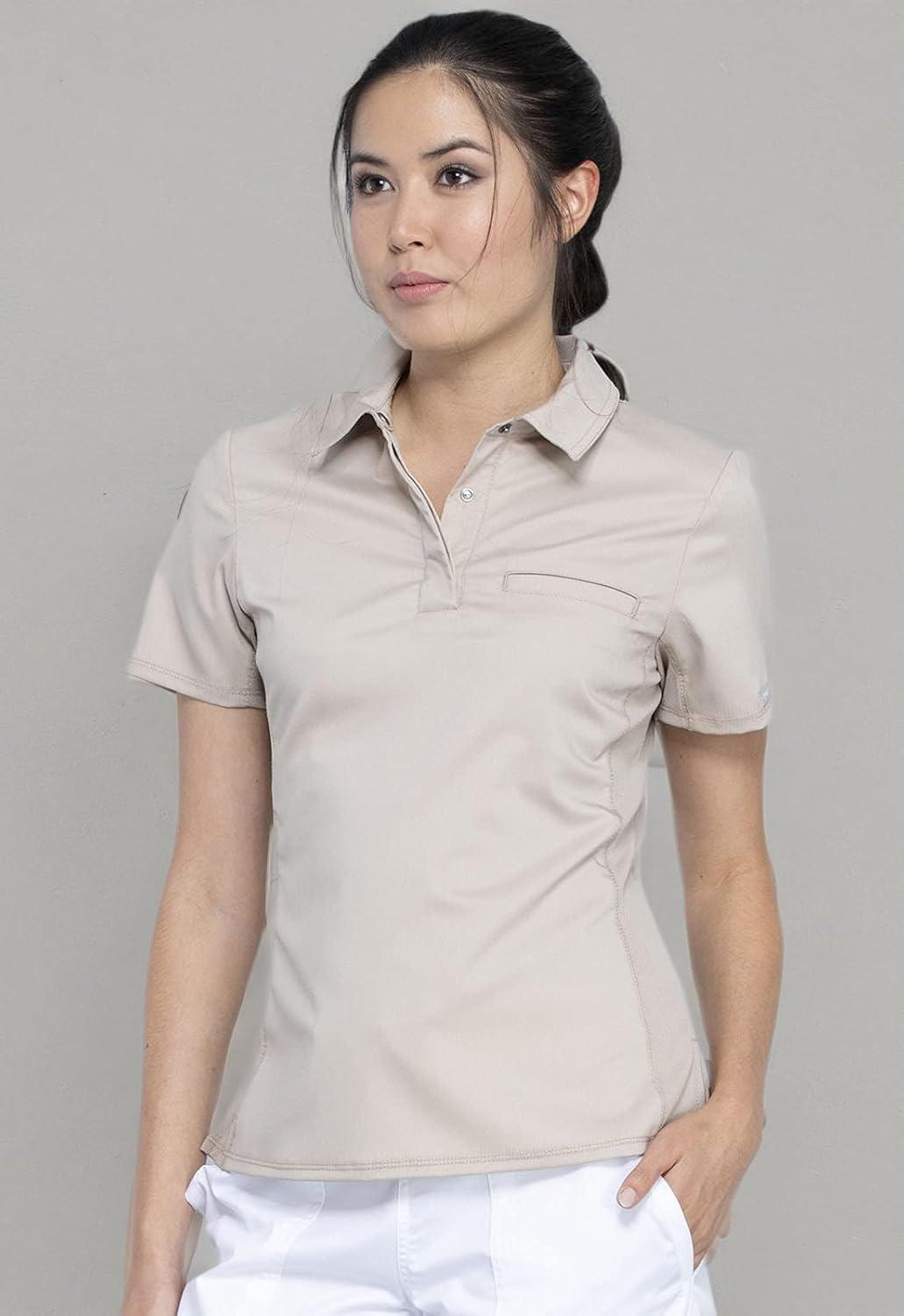 imageCherokee Scrubs for Women Polo Top Snap Front Tuckable Scrub Shirt with Chest Pocket Mesh Panels Stretch Easy Care WW698Khaki