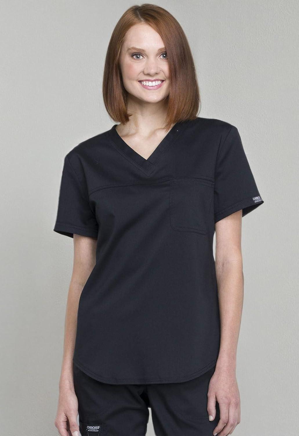 imageCherokee Scrubs for Women Tuckable VNeck OR Scrub Top with Chest PocketSoft StretchEasy Care Medical Uniform WW657Black