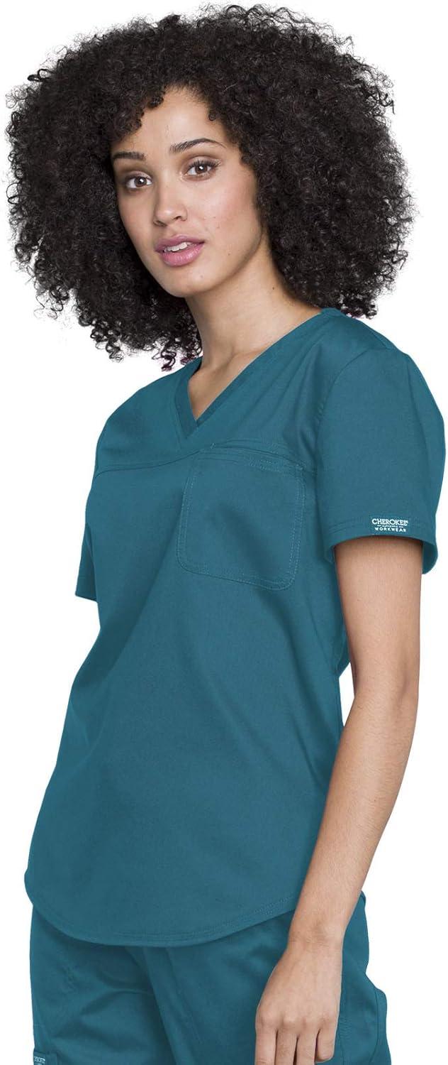 imageCherokee Scrubs for Women Tuckable VNeck OR Scrub Top with Chest PocketSoft StretchEasy Care Medical Uniform WW657Caribbean Blue