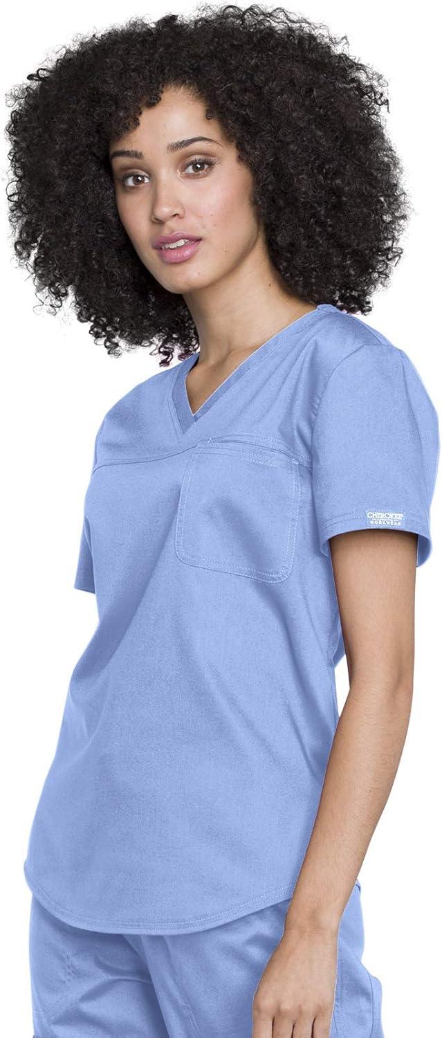 imageCherokee Scrubs for Women Tuckable VNeck OR Scrub Top with Chest PocketSoft StretchEasy Care Medical Uniform WW657Ciel