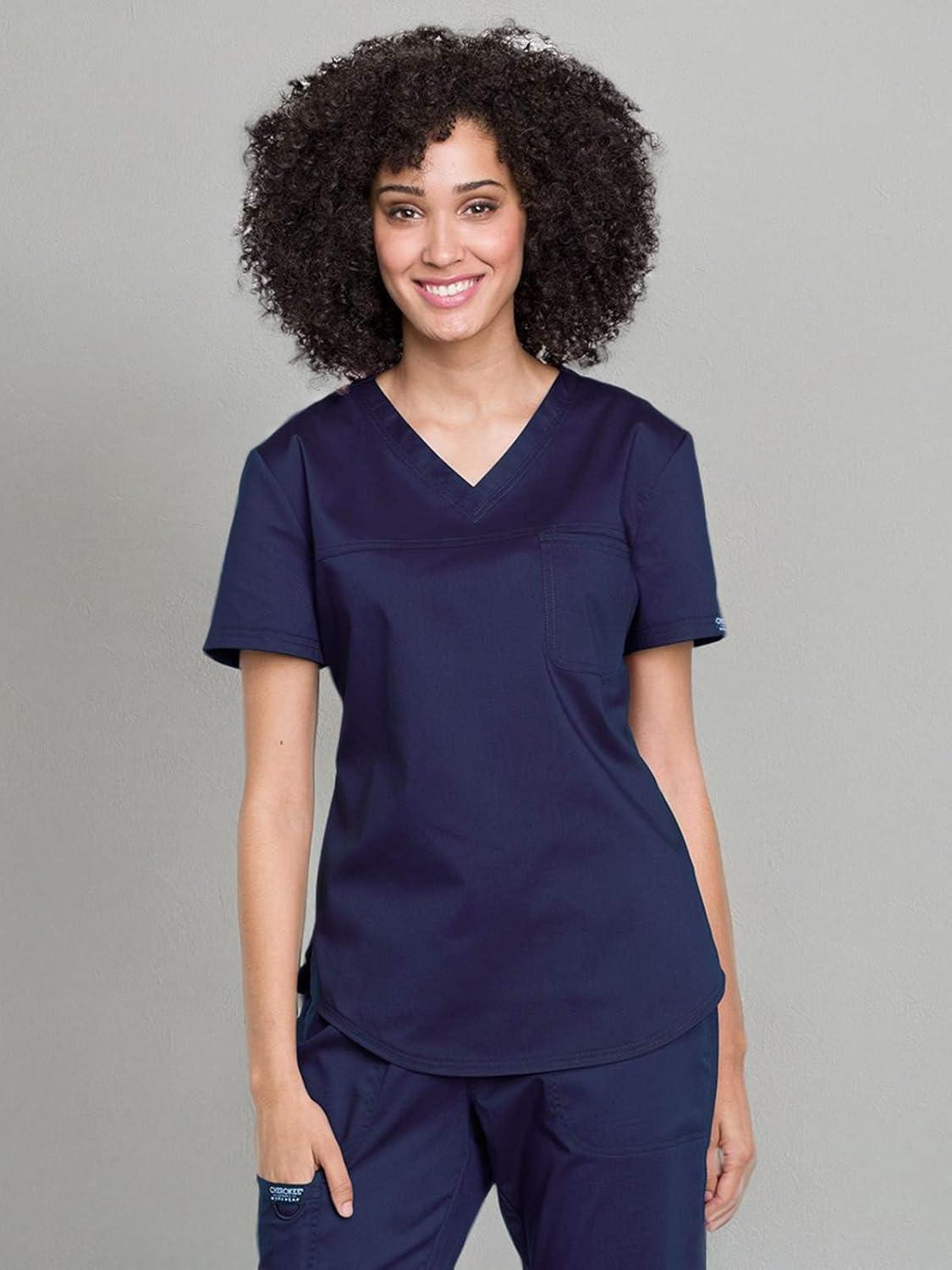 imageCherokee Scrubs for Women Tuckable VNeck OR Scrub Top with Chest PocketSoft StretchEasy Care Medical Uniform WW657Navy