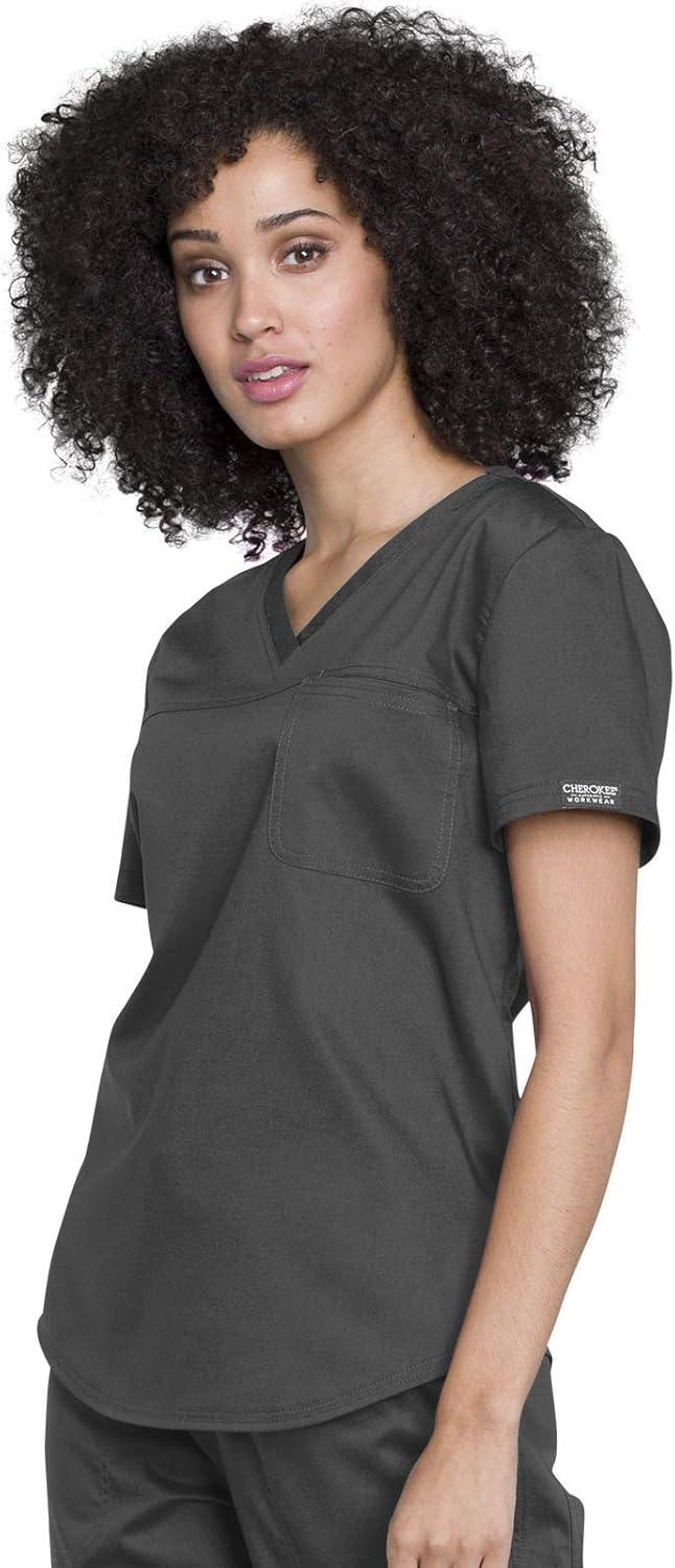 imageCherokee Scrubs for Women Tuckable VNeck OR Scrub Top with Chest PocketSoft StretchEasy Care Medical Uniform WW657Pewter