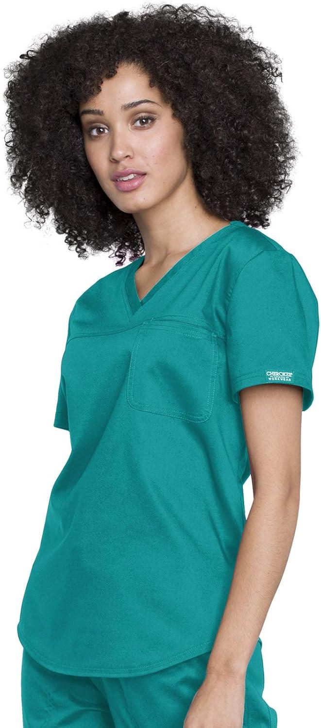 imageCherokee Scrubs for Women Tuckable VNeck OR Scrub Top with Chest PocketSoft StretchEasy Care Medical Uniform WW657Teal Blue