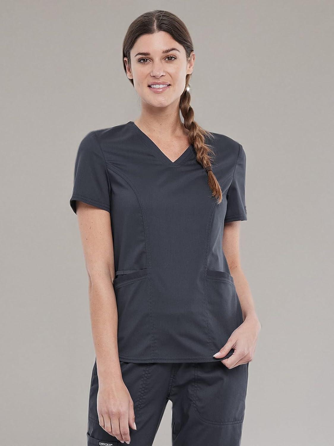 imageCherokee Scrubs for Women VNeck Scrub Top with 2 Pockets Ultra Soft Stretch Durable Easy Care Medical Uniform WW612Pewter