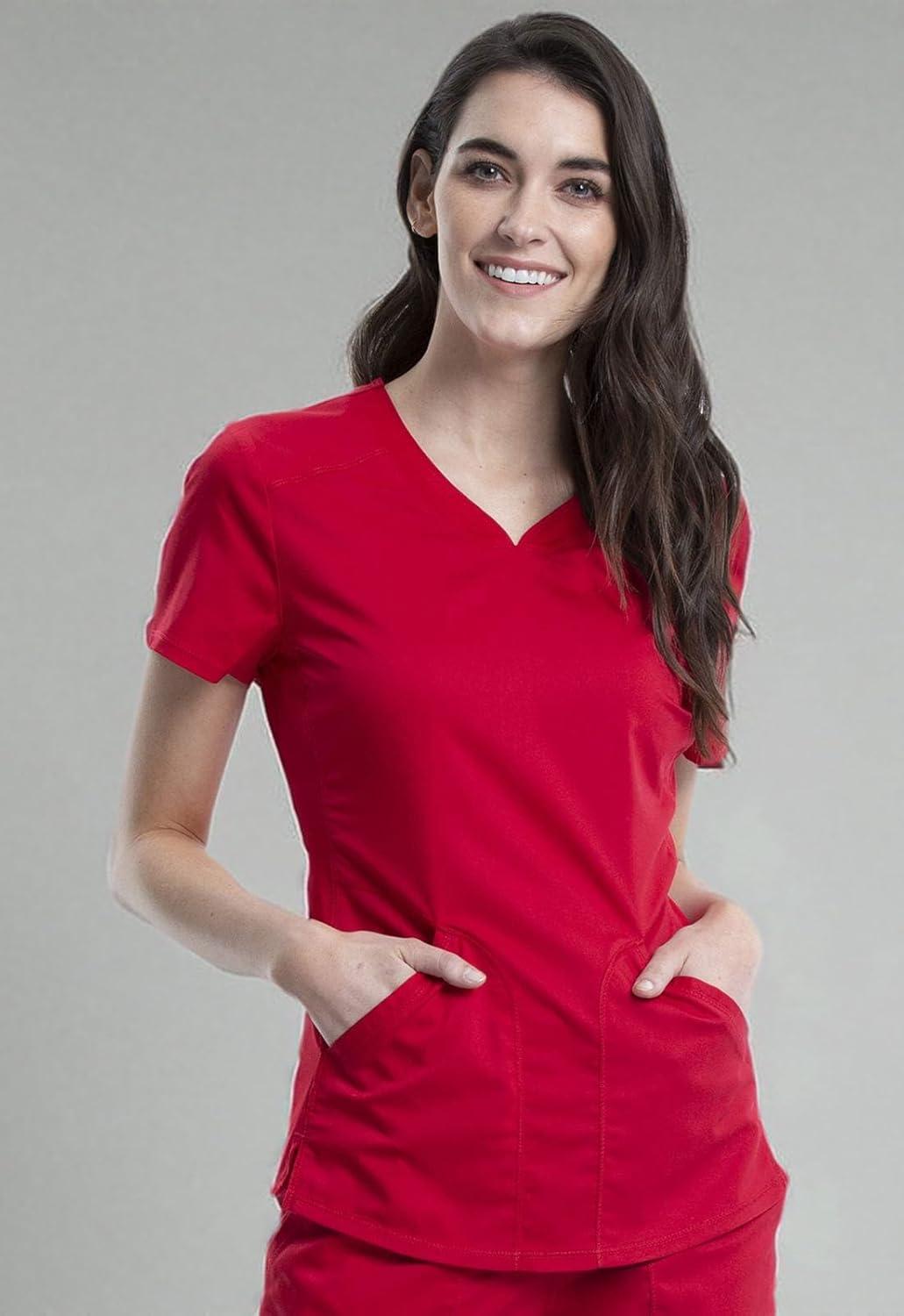 imageCherokee Scrubs for Women VNeck Scrub Top with 2 PocketsMesh Panels Soft Stretch Durable Easy Care Nursing Uniform WW601Red