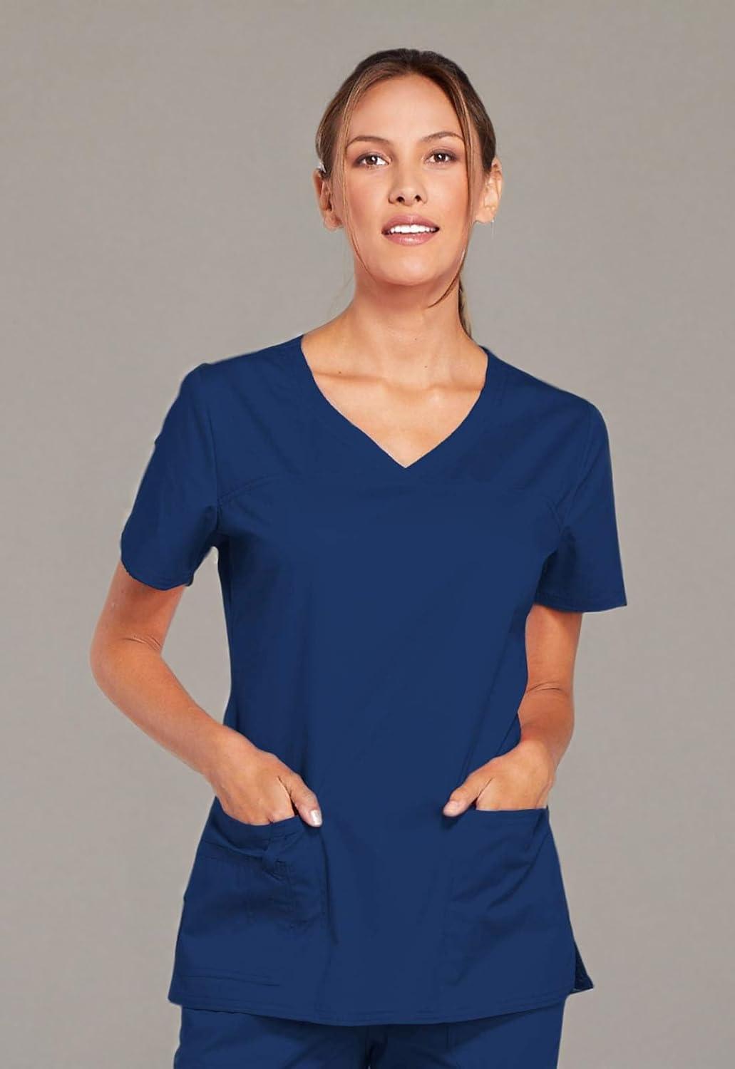 imageCherokee Scrubs for Women VNeck Scrub Top with 3 Pockets Stretchy Durable Breathable Easy Care Medical Uniform 4727Navy